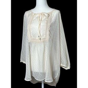 Maurices Size M Womens Sheer Polka Dot Cream Relax Blouse With Crochet Detail